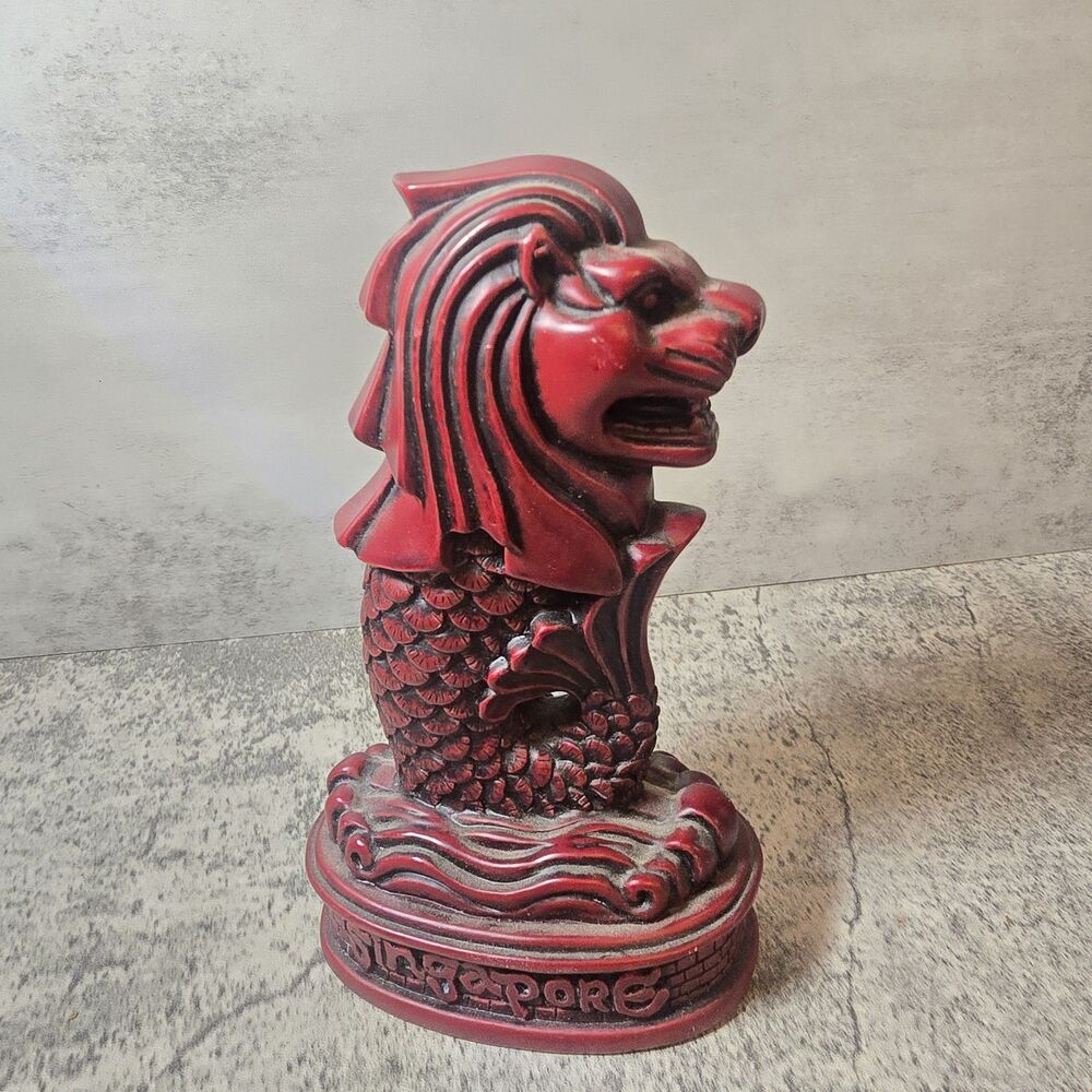 Red Carved Singapore Merlion Sea Loin Made Of Resin 7" Tall Japanese Fu Dog